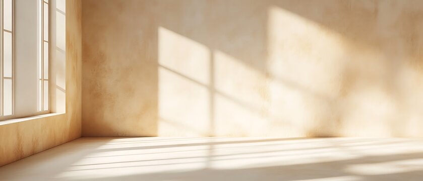 Empty room interior with sunlight streaming through a window, casting geometric shadows on the wall and floor.