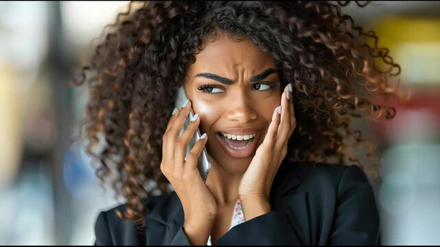 Concerned businesswoman with curly hair on phone call, reacting to bad news in modern office