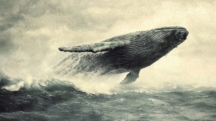 Fototapeta premium Epic scale of a whale surfacing amidst choppy waters, conveying a classic tale.