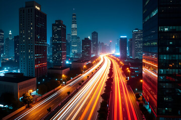 Obraz premium Dramatic cinematic long exposure captures a vibrant city skyline at night with dynamic light trails