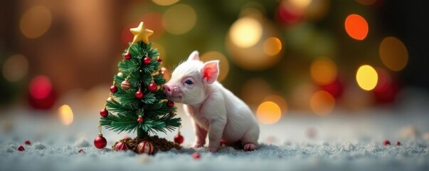 Tiny piglet snuggles miniature Christmas tree Festive holiday scene , kids, season