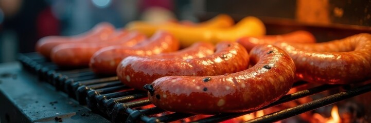 Juicy sausages sizzling on a hot grill at a Christmas market ,  market,  winter food