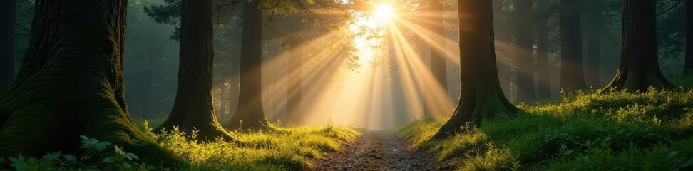 Sunlight filters through dense, mossy canopy in Sweden's deep woods , detail, peaceful, high-resolution