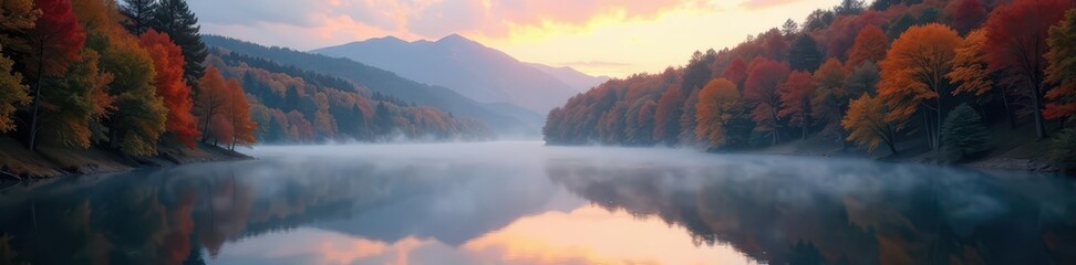 Misty lake at dusk, fall colors reflected  Crisp air, vibrant foliage ,  brown,  orange