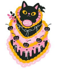 Black Cat Halloween Cake | Cute Spooky Heart Dessert Illustration