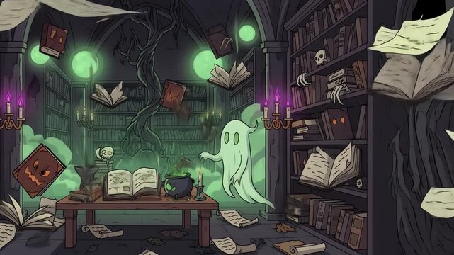 Spooky haunted library with floating books ghosts and potion