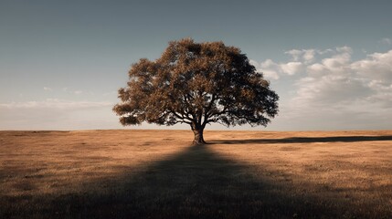 Lonely tree standing in the middle of a golden wheat field under clear blue sky, symbolizing strength, solitude, and nature’s beauty, perfect for backgrounds and inspirational concepts.