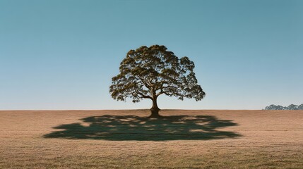 Lonely tree standing in the middle of a golden wheat field under clear blue sky, symbolizing strength, solitude, and nature’s beauty, perfect for backgrounds and inspirational concepts.