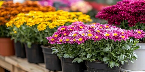 An assortment of potted chrysanthemums in a lively garden store.