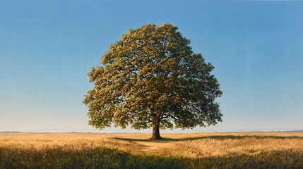 A large tree stands in a field of grass. The tree is the only object in the image, and it is surrounded by a vast, open landscape. Concept of solitude and tranquility