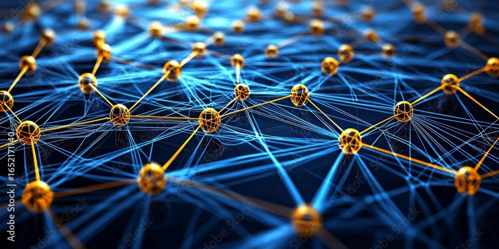 Wall mural illuminated nodes representing blockchain systems and data sharing.