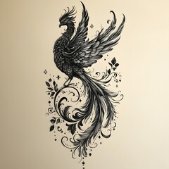 Majestic phoenix rising from tribal swirls of flames