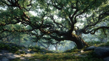 Close-up view of massive ancient tree branches covered in lush green leaves and moss, symbolizing life, resilience, and eternity, perfect for fantasy, nature, and inspirational concepts.