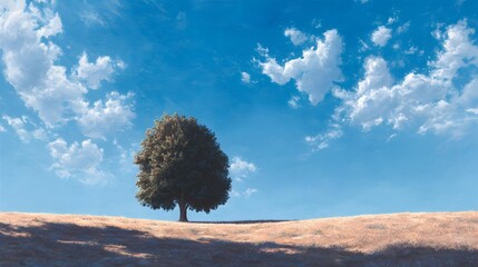 Lonely pine tree standing tall in a vast empty landscape under bright blue sky, symbolizing resilience, solitude, and strength, perfect for backgrounds, inspiration, and environmental concepts.