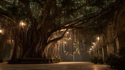 Majestic banyan tree with hanging roots illuminated by warm lights inside an ancient stone hall, creating a mystical and magical atmosphere perfect for fantasy, culture, and spiritual concepts.