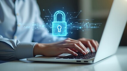 Naklejka premium Digital data protection and cybersecurity concept with a person typing on a laptop, symbolizing online security and privacy in a connected world.