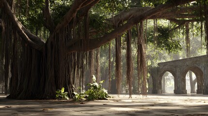 Ancient banyan tree with hanging aerial roots beside old stone arches, creating a mystical and spiritual atmosphere, perfect for heritage, meditation, fantasy, and cultural concepts.