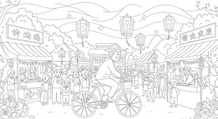 Fototapeta premium Detailed black and white coloring page of a lively festival scene with a cyclist riding through a crowded market street