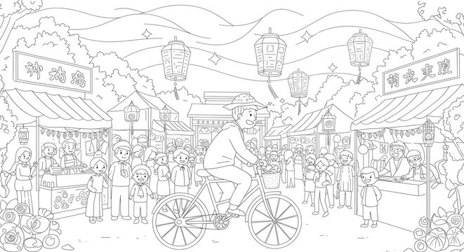 Detailed black and white coloring page of a lively festival scene with a cyclist riding through a crowded market street