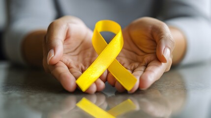Hands holding yellow awareness ribbon symbolizing suicide prevention, childhood cancer awareness, mental health advocacy, endometriosis support, compassion, strength, remembrance, and hope