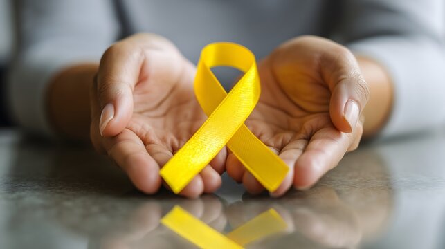 Hands holding yellow awareness ribbon symbolizing suicide prevention, childhood cancer awareness, mental health advocacy, endometriosis support, compassion, strength, remembrance, and hope