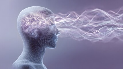 Fototapeta premium Abstract illustration of a human head with a digital brain and abstract energy.
