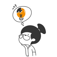 cute girl think about resolving light bulb puzzle in doodle hand drawing cartoon