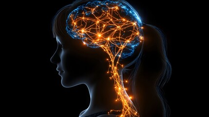 Neurological pathways visualized within a female profile.