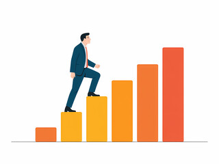 Flat illustration of a businessman climbing stairs shaped like bar growth chart, modern minimal design symbolizing success, progress and business growth