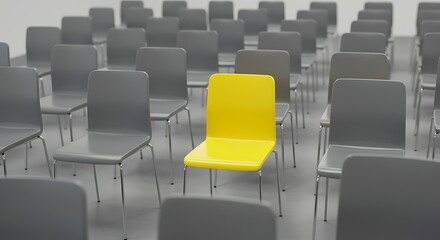 A single bright yellow chair stands out amongst rows of grey chairs in an empty room.