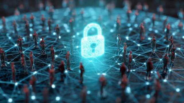 Securing the Collective: A conceptual digital artwork depicting a glowing lock icon at the center, surrounded by interconnected figures, symbolizing data protection and cybersecurity.