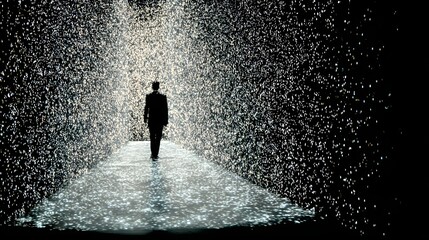 Obraz premium Silhouette of a person walking through a corridor of glittering particles.
