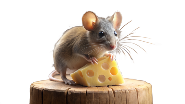 Cute Mouse Holding Cheese on a Wooden Post on transparent background on white background