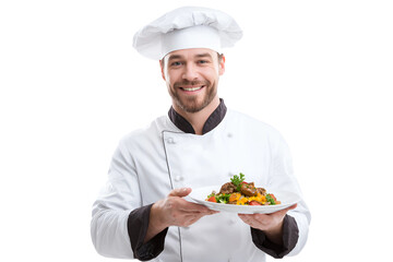 Smiling male chef in uniform presenting a delicious dish, isolated on white.