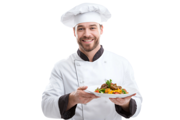 Smiling male chef in uniform presenting a delicious dish, isolated on white.