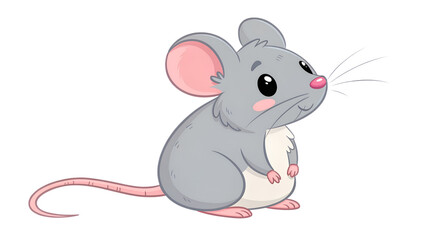 Fototapeta premium Cartoon Gray Mouse with Pink Ears and Tail on transparent background on white background
