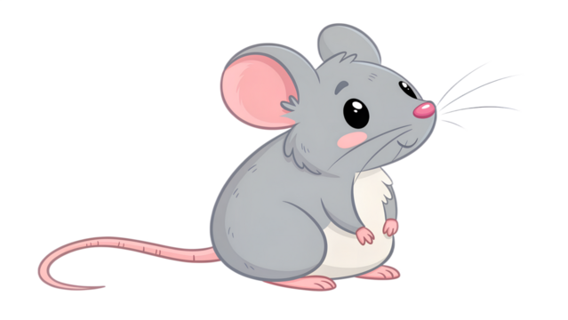 Cartoon Gray Mouse with Pink Ears and Tail on transparent background on white background