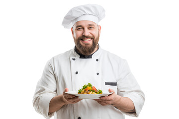 Smiling male chef in uniform presenting a delicious dish, isolated on white.