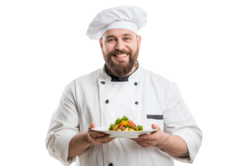 Smiling male chef in uniform presenting a delicious dish, isolated on white.