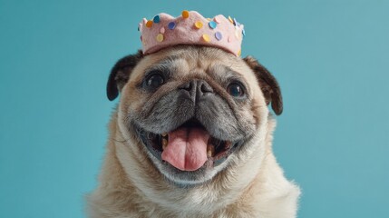 A cheerful pug sports a colorful birthday crown and enjoys a festive atmosphere filled with confetti. The dog exudes happiness in this playful celebration setting with a vibrant blue backdrop