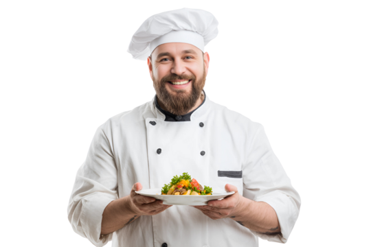 Smiling male chef in uniform presenting a delicious dish, isolated on white.