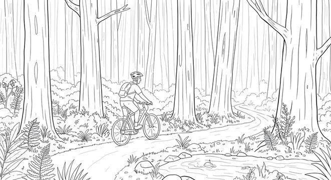 Line art illustration of a mountain biker riding on a winding trail through a dense forest landscape
