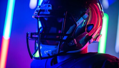 Football Helmet Illuminated by Neon Lights with Vivid Color Reflections