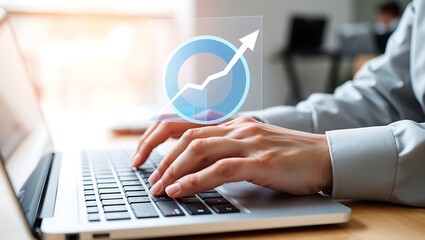 Person typing on a laptop with a financial growth chart overlay, symbolizing business success and data analysis.