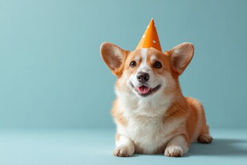 A cheerful dog is sitting comfortably on a blue background, wearing a festive party hat. Its bright eyes and playful expression capture the spirit of celebration for a special birthday occasion