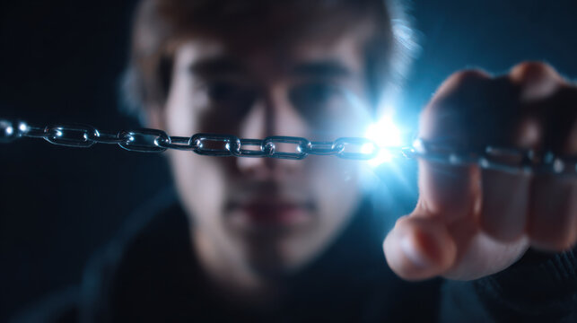Breaking stigma with shining metal chain held by person in dark setting showing strength and hope for change