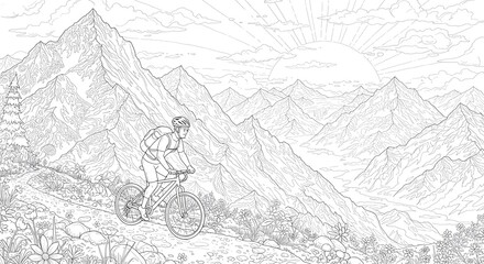 Obraz premium Line art vector illustration of a mountain biker riding downhill on a rugged trail with a scenic mountain range and sunrise in the background