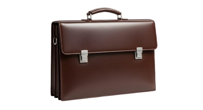 A slightly angled view of a brown leather briefcase on white background