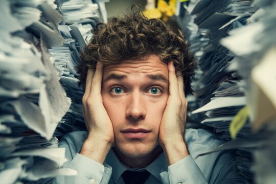 man overwhelmed by too much work