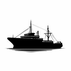 Obraz premium Vector illustration of a cargo ship silhouette on the sea, perfect for transportation and commercial shipping designs